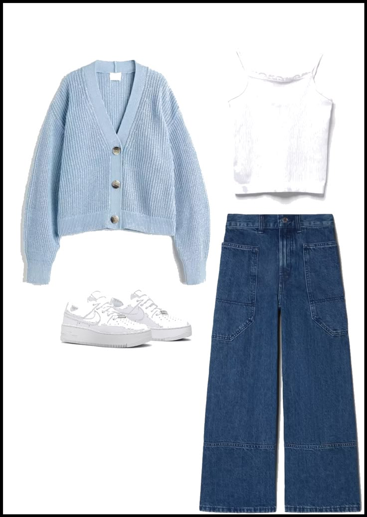 Blue Crop Jacket Outfit, Blue Aesthetic Outfit Ideas, Outfits In Blue, Cardigan Outfit Ideas Aesthetic, Outfits With Cardigans Aesthetic, Light Cardigan Outfit, Blue Cardigan Outfit Winter, Blue And White Cardigan Outfit, How To Style Blue Cardigan