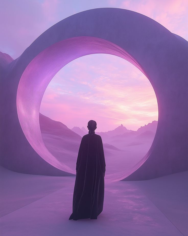 a man standing in front of a purple tunnel with mountains in the background at sunset