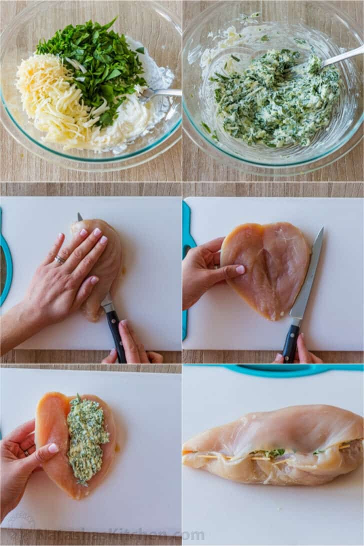 four pictures showing how to make an appetizer with meat and cheese in it