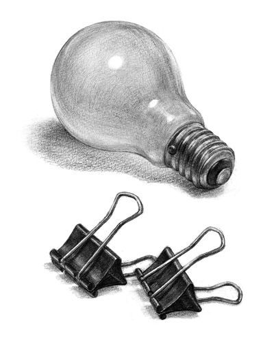 a pencil drawing of an electric light bulb and two clips on a white paper background