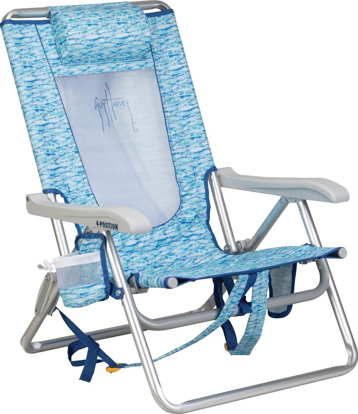 a lawn chair with a blue cover on it's back and seat belt around the armrests