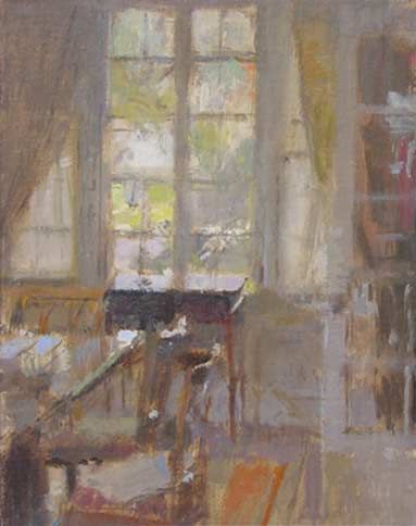 an oil painting of a dining room table and chairs in front of two large windows