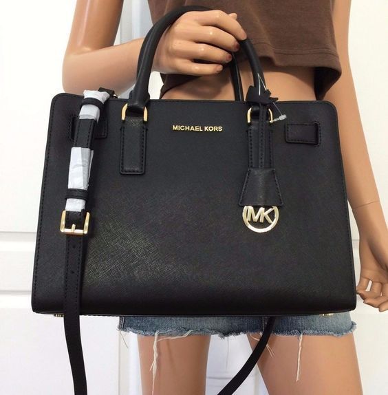 NWT Michael Kors Shoulder Satchel Saffiano Leather Bag Purse Handbag Black Gold #MichaelKors #ShoulderBag Michael Kors Handbags Black, Cheap Purses, Michael Kors Satchel, Mk Handbags, Mk Purse, Handbags Affordable, Trending Handbag, Burberry Handbags, Handbag Black