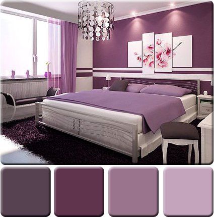 a bedroom with purple walls and furniture in the color scheme, along with two chandeliers