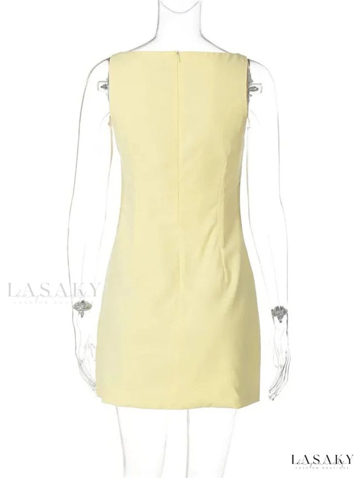 Sleek Sleeveless Mini Bodycon Dress Summer Bodycon Dress With Back Zipper, Spring Stretch Mini Dress With Back Zipper, Elegant Yellow Sleeveless Mini Dress, Elegant Yellow Mini Sleeveless Dress, Summer Mini Length Bodycon Dress With Back Zipper, Chic Yellow Sleeveless Mini Dress, Summer Mini Bodycon Dress With Back Zipper, Chic Sleeveless Stretch Mini Dress, Slim Fit Sheath Mini Dress For Summer