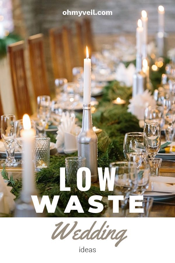 a long table with candles and greenery is featured in the ad for low waste wedding ideas