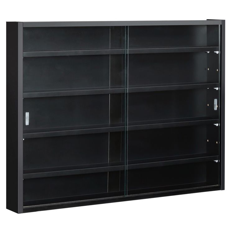 an empty black bookcase with glass doors