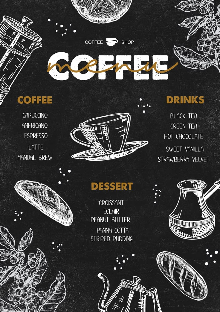 the coffee menu is drawn in chalk and has different types of items on it, including cups