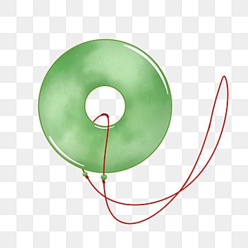 a green donut with a red string attached to it, on a white background