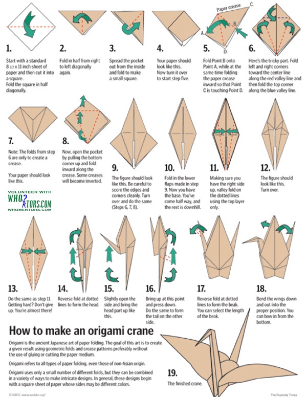 how to make an origami crane with pictures on the front and back side