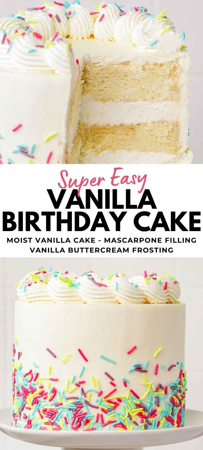 a vanilla birthday cake with sprinkles on top and the words, super easy vanilla