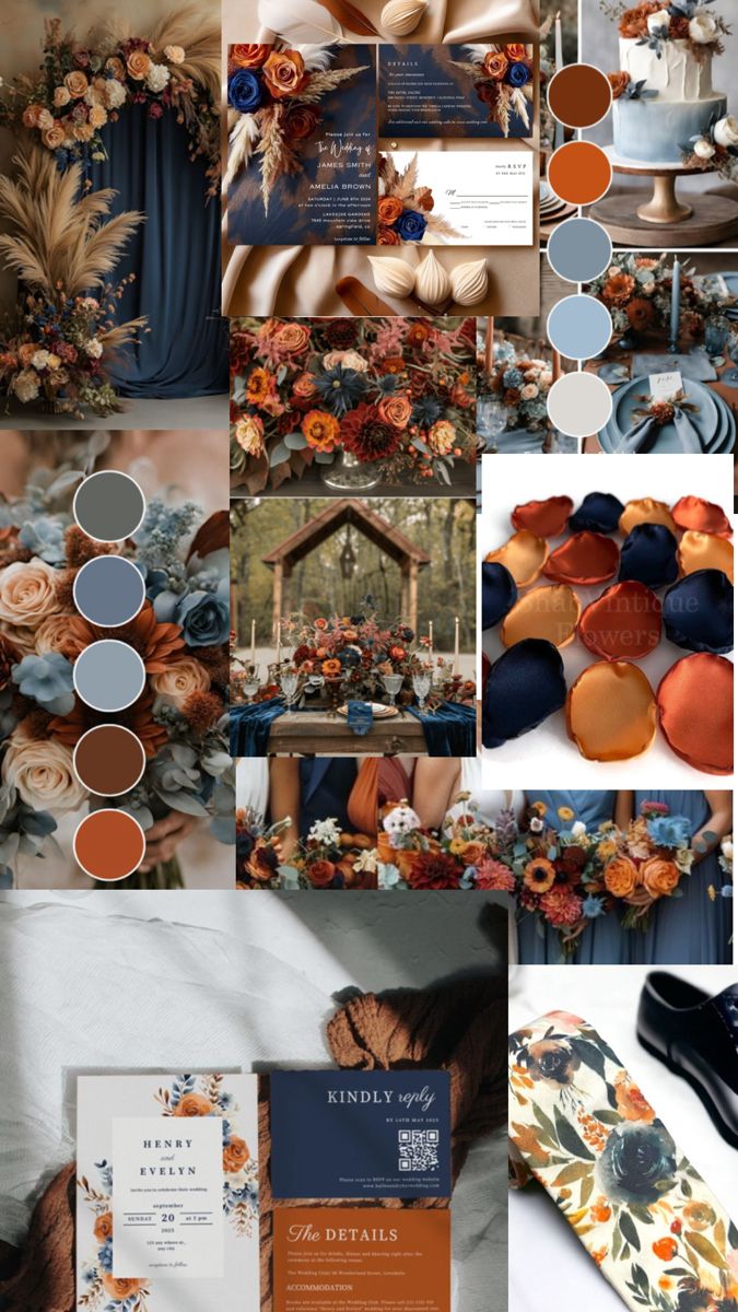 a collage of different colors and designs for an autumn wedding with oranges, blues, and browns