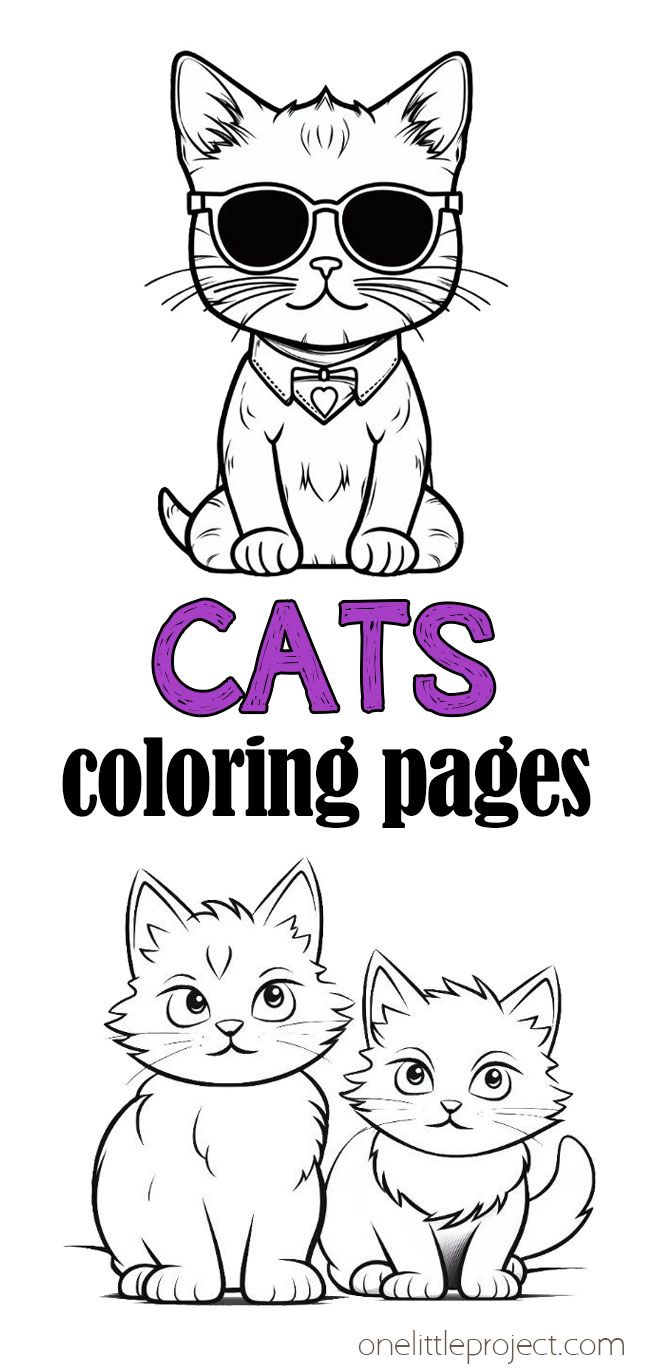 cats coloring pages for kids with the words cats and two cats wearing sunglasses on them