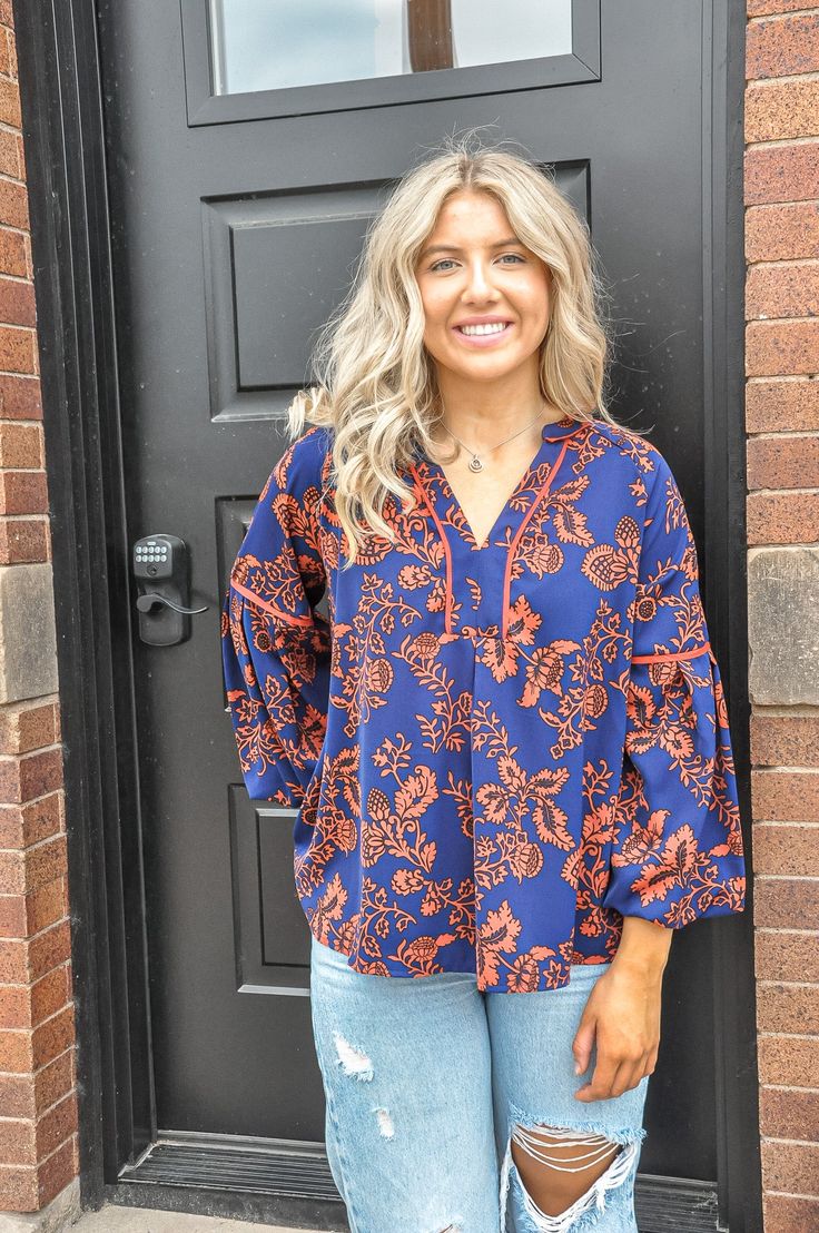 The Navy Printed Balloon Sleeve Top is a chic and versatile addition to your wardrobe, perfect for adding a touch of elegance to both casual and dressy outfits. Made from 100% polyester, this top offers a lightweight and comfortable fit that drapes beautifully on the body. The fabric is durable and easy to care for, making it a practical choice for everyday wear. This top features a striking print against a deep navy background, adding visual interest and a sophisticated touch. The balloon sleev Balloon Sleeve Top, Printed Balloons, Navy Background, The Navy, Dressy Outfits, Kimono Jacket, New Tops, Clothing Co, Dress Romper