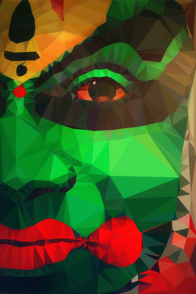 an abstract painting of a woman's face with red bow tie and green eyes