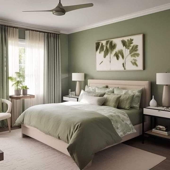 a bedroom decorated in green and white with a bed, chair, table and window