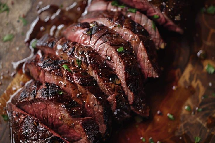 steak sliced up on a cutting board with parsley