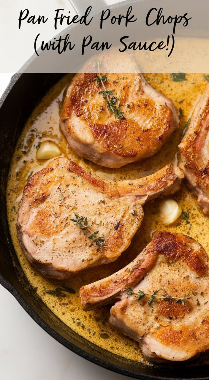 pan fried pork chops with pan sauce in a skillet