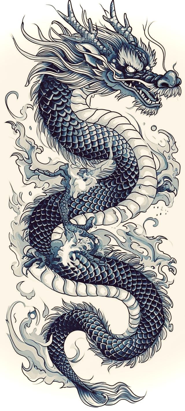 Chinese Style Dragon Tattoo, Thai Dragon Tattoo Designs, Ryu Dragon Tattoo, Japanese Dragon Tattoo Designs For Men, Chinese Dragon Sleeve Tattoo, Chinese Dragon Tattoos Men, Japanese Dragon Leg Tattoo, Dragon Fish Tattoo, Korean Dragon Tattoo