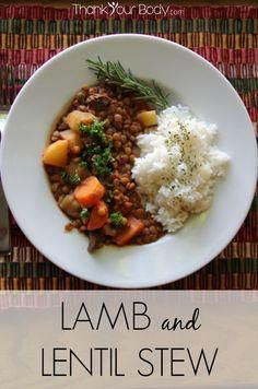 lamb and lentil stew in a white bowl on a place mat with text overlay that reads, lamb and lentil stew