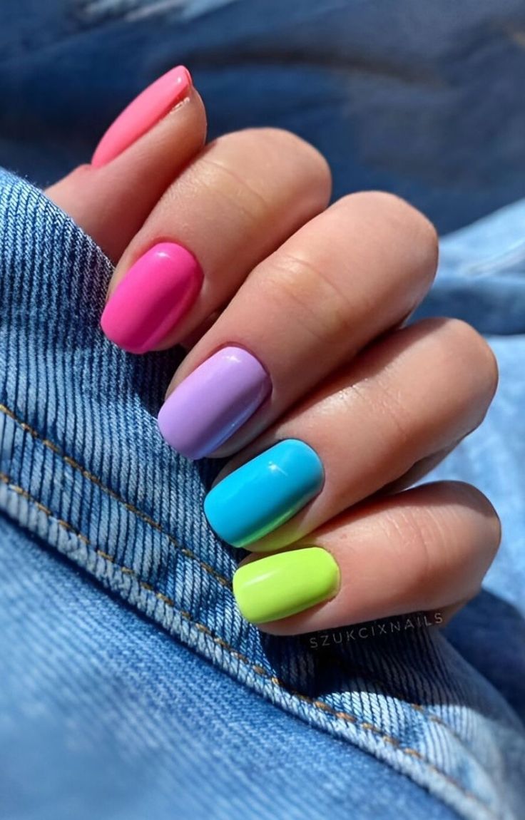 Multi Color Neon Nails, Cute Color Combos For Nails, Bright Happy Nails, Almond Acrylic Nails Pastel, Cute Nails Colors, Spring Rainbow Nails, Kids Rainbow Nails, The Dye Nails, Both Hands Different Color Nails