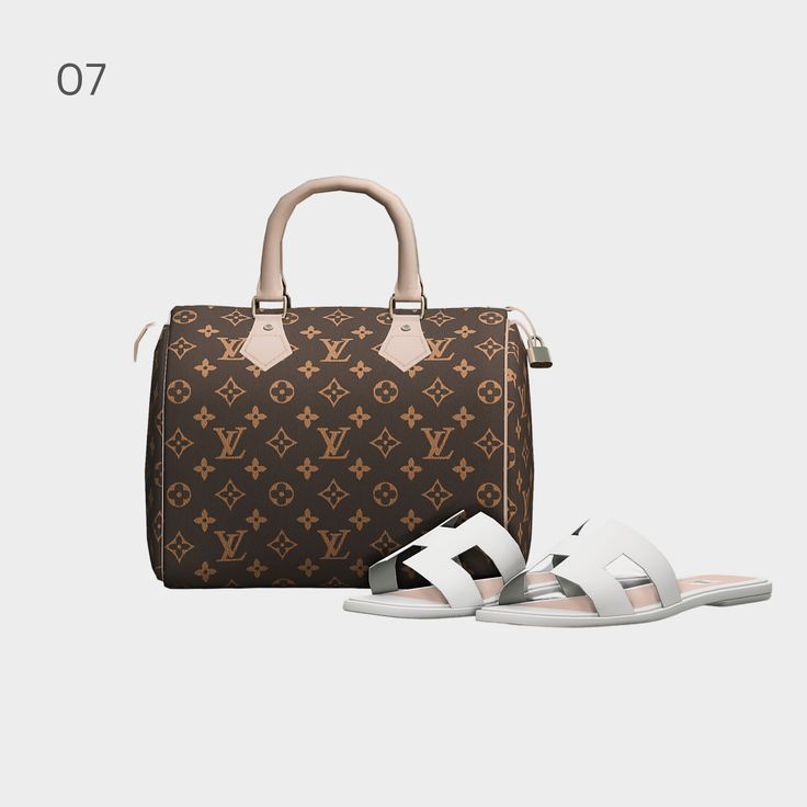 a brown louis vuitton bag with white sandals on the ground next to it