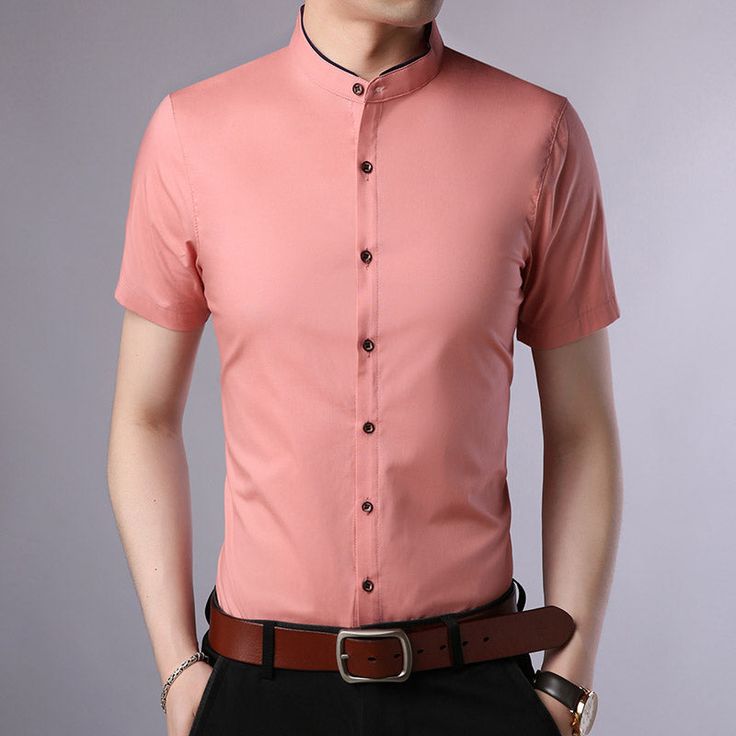 Gender: Men Item Type: Shirts Shirts Type: Casual Shirts Material: COTTON Material: Polyester Sleeve Length(cm): Short Collar: Mandarin Collar Style: Casual Sleeve Style: REGULAR Pattern Type: Solid Closure Type: Single Breasted Fabric: 60.3% Polyester, 39.7% Cotton Pink Cotton Short Sleeve Shirt, Classic Pink T-shirt For Summer, Pink Fitted Short Sleeve Shirt, Pink Shirt With Casual Collar For Spring, Pink Collared T-shirt For Summer, Pink Slim Fit Button-up Shirt, Casual Pink Shirt With Casual Collar, Pink Shirt For Business Casual In Spring, Pink Fitted Crew Neck Shirt