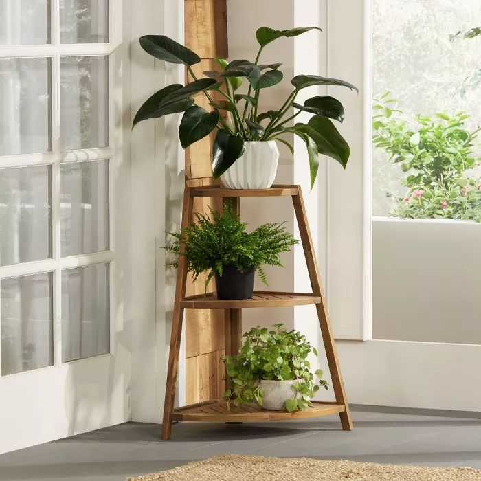 a wooden shelf with plants on it in front of a window and a potted plant