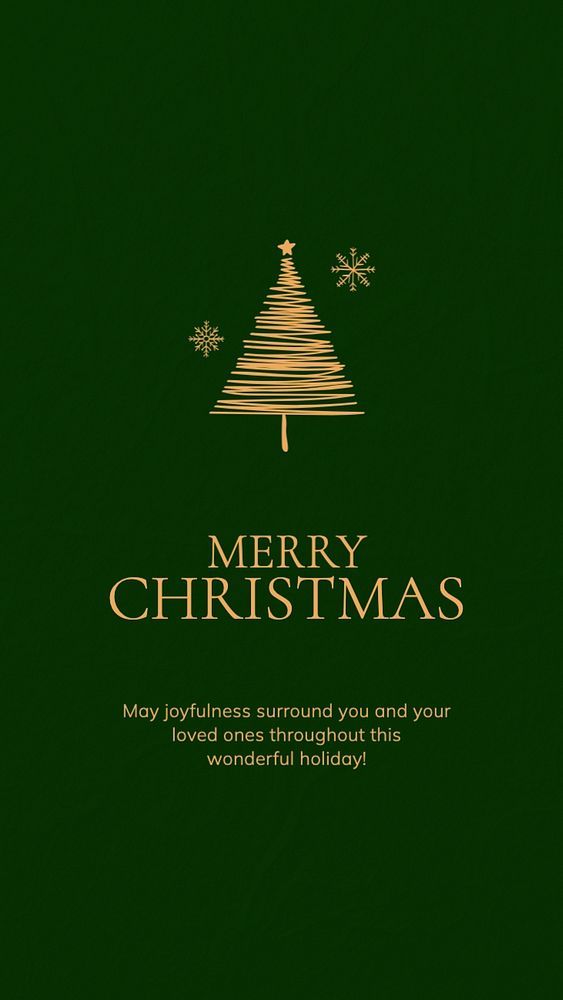 a green christmas card with a gold tree and snowflakes on the bottom, merry christmas