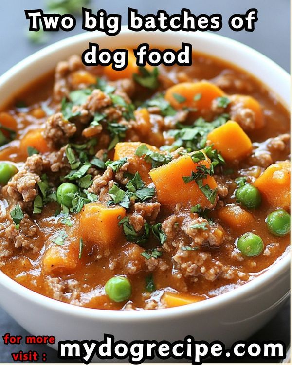 two big batches of dog food in a white bowl with peas and carrots