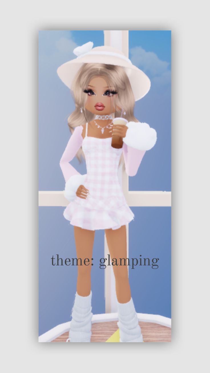 a girl in a white dress and hat standing next to a window with the words theme glamping on it