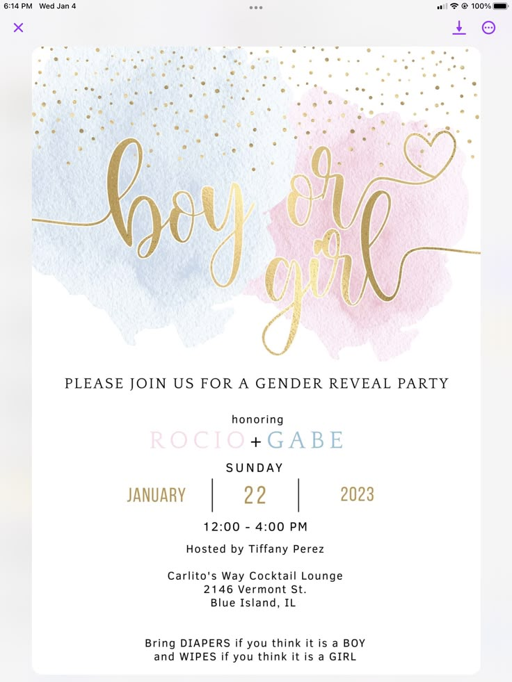 the baby girl gender reveal party is on display in front of a white background with gold foil