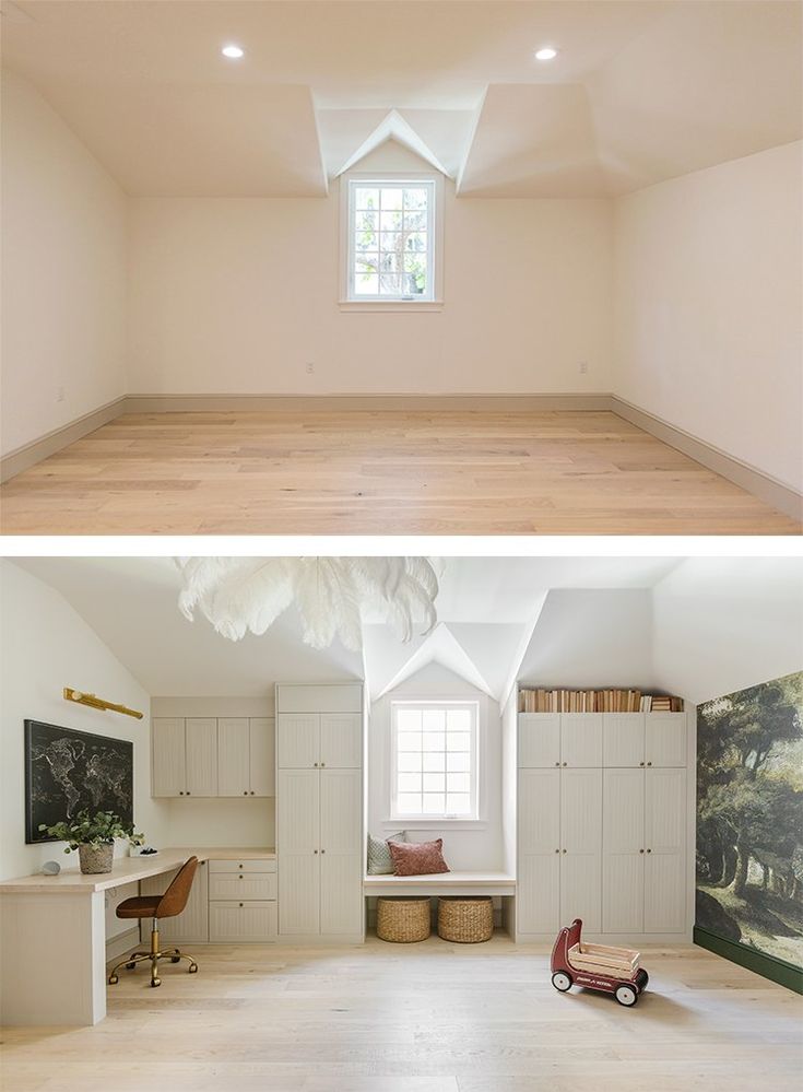 two pictures of a room with white walls and wood floors, one has a toy car on the floor