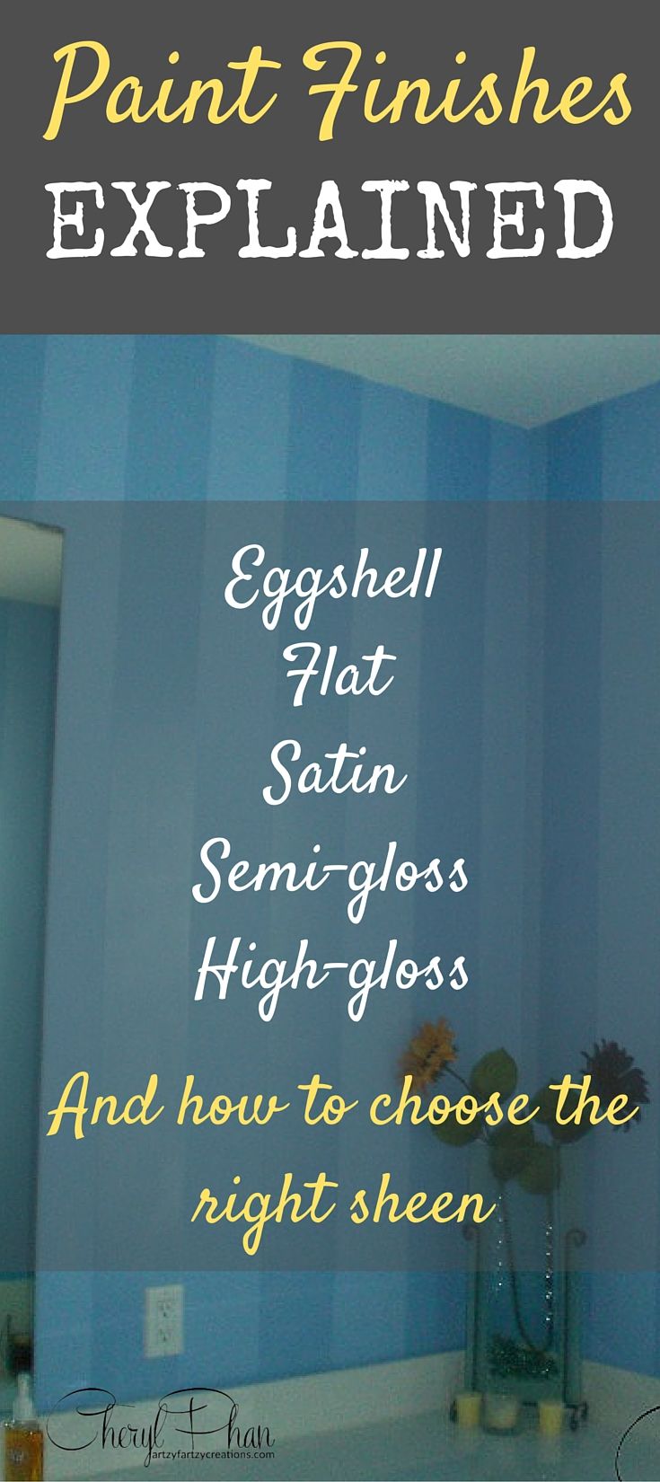 the bathroom is painted blue and has white lettering that reads paint finishes explaining how to use it