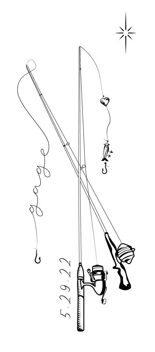 an ink drawing of a fishing rod and reel with starfish in the background illustration by person