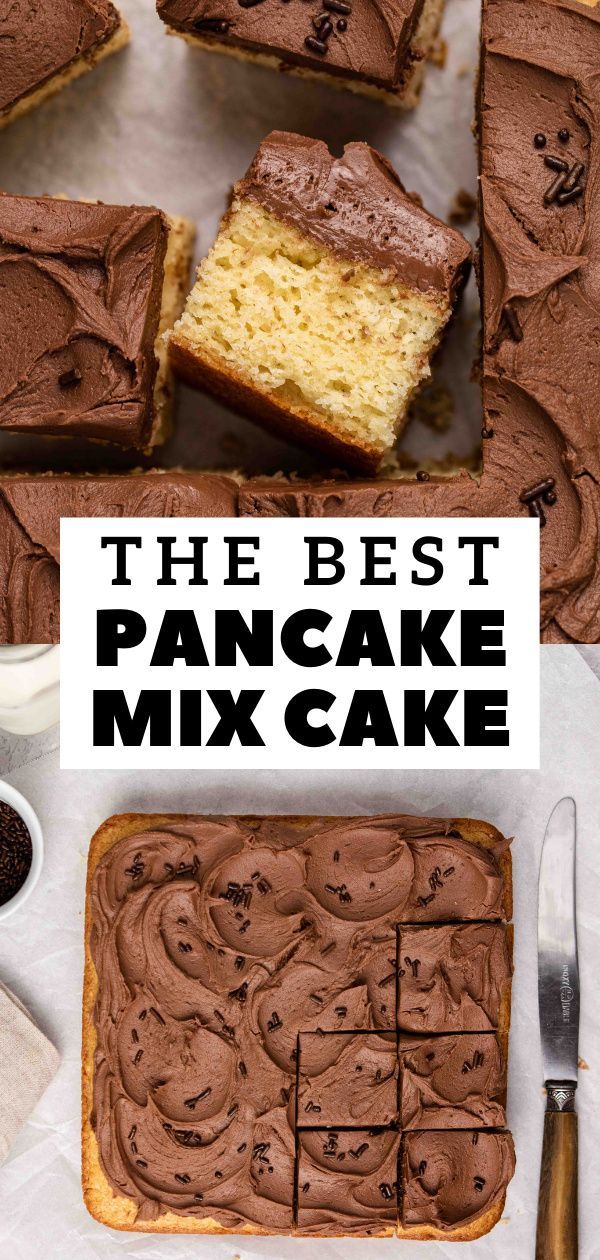 the best pancake mix cake with chocolate frosting on top and sliced into squares