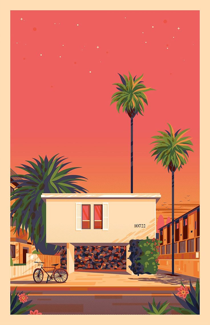 an illustration of a mobile home with palm trees in the background and a bicycle parked outside