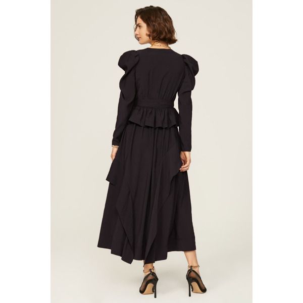 Black rayon blend (85% Rayon, 15% Polyester). Hourglass. Long sleeves. V-neck. Side zipper closure. 52" from shoulder to hemline. Imported. Fall Cocktail V-neck Maxi Dress, Cocktail Midi Dress With Ruffle Hem And Long Sleeves, Chic V-neck Maxi Dress For Fall, Fall Midi Maxi Dress With Pleated Sleeves, Fall Maxi Dress With Pleated Sleeves, Fall Cocktail Maxi Dress With V-neck, Chic V-neck Dress For Work In Fall, Chic Fall V-neck Maxi Dress, V-neck Viscose Maxi Dress For Work