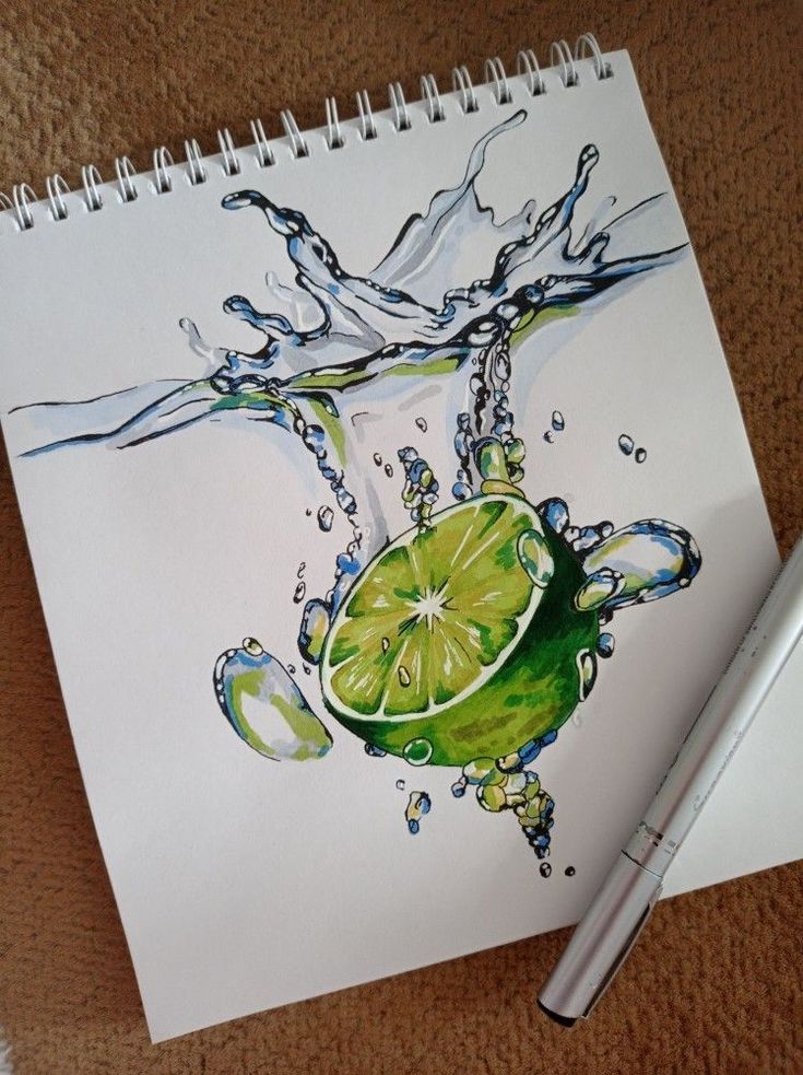 a drawing of a lime being dropped into water