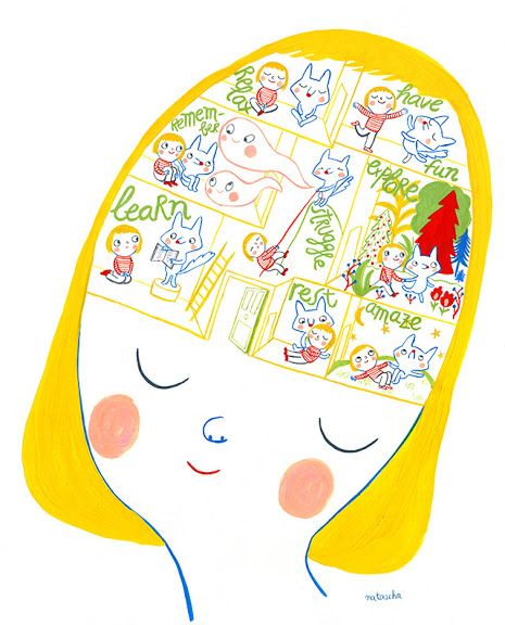 a drawing of a woman's head with many stickers on it