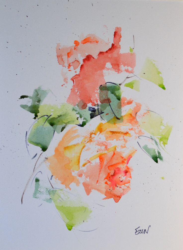 an abstract painting with orange, green and red colors on white paper in the center