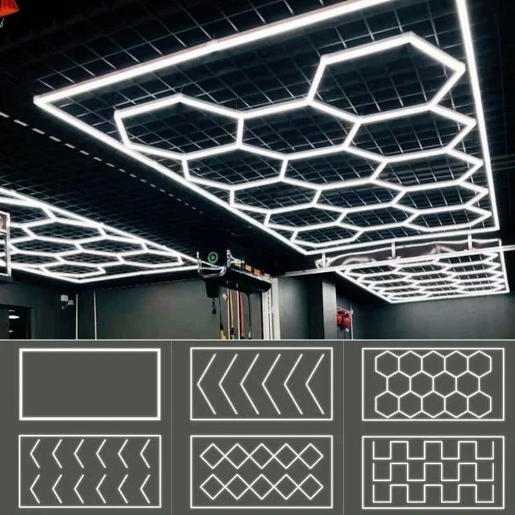 an image of a room with different lighting fixtures and patterns on the ceiling above it