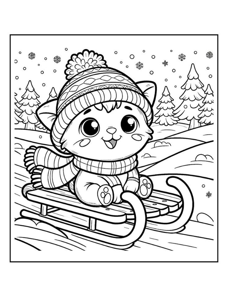 a cartoon cat riding on a sled in the snow