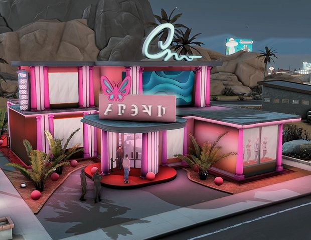 Butterfly Strip Club | Patreon Sims 4 Base Game Community Lot, Sims 4 Grass Wall, Sims Club Ideas, Sims 4 Nightclub Layout, Sims 4 Theme Park, Sims 4 Cc Community Lots, Sims Oasis Springs, Sims 4 Club Ideas, Nightclub Cc Sims 4