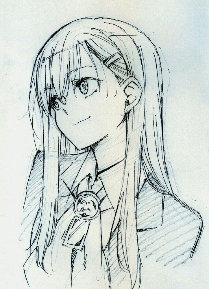 a drawing of a girl with long hair holding a small object in her right hand