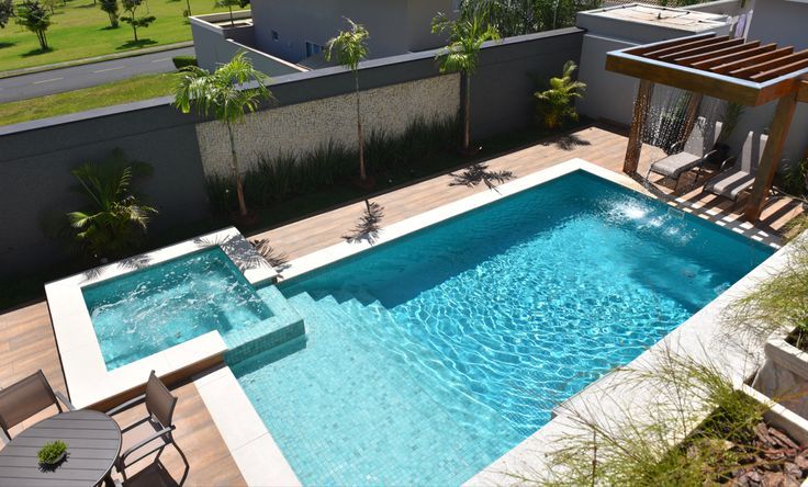 an aerial view of a pool and patio area