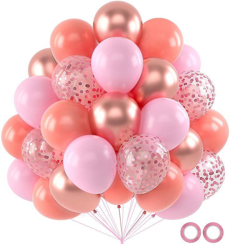 a bunch of pink and gold balloons with confetti on them are in the shape of a bouquet