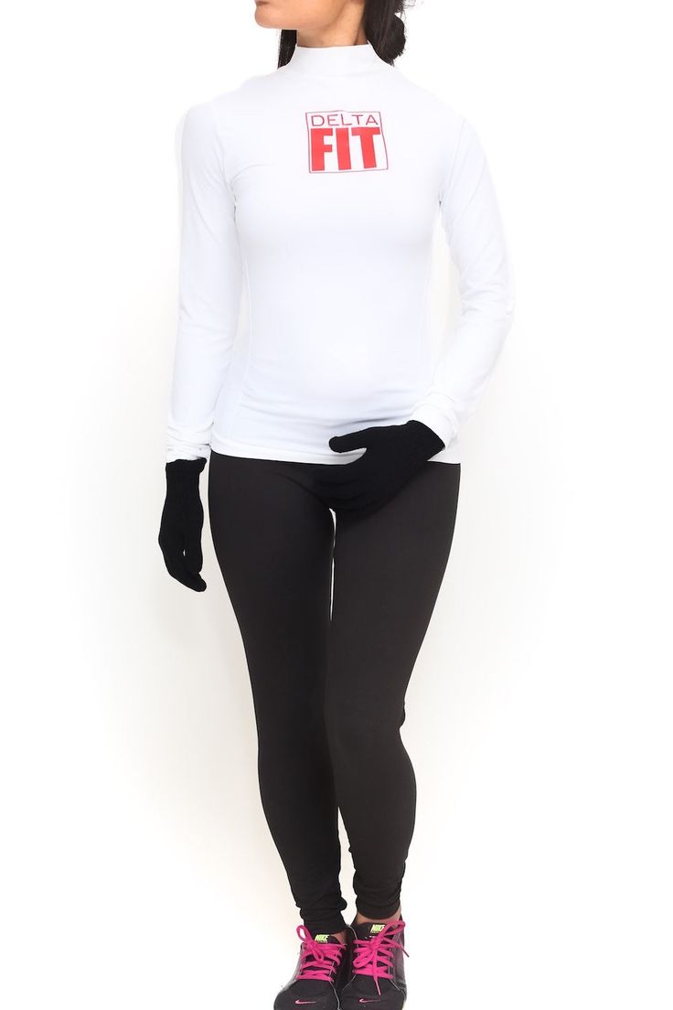 Ladies, let's face it... it gets cold outside! Well, playing off the success of its sister item, the jacket, this uber cute top is here to help on those chilly mornings you're headed out for a 5K jog or those cold late nights you're about to hit the track or head to the gym. You want to get FIT not sick, right? Our new turtleneck is tapered in its midsection so it will be form fitting to your body to keep out cold air pockets from your skin. Moisture wicking material will help you when you sweat Casual White Turtleneck Top, White High Stretch Turtleneck Tops, Winter Sporty Tops With Cozy Fit, Fitted White Top With Thumbholes, Fitted White Tops With Thumbholes, Sporty Long Sleeve Winter Tops, Sporty Long Sleeve Tops For Winter, Casual White High Neck Top, Winter White Turtleneck Top