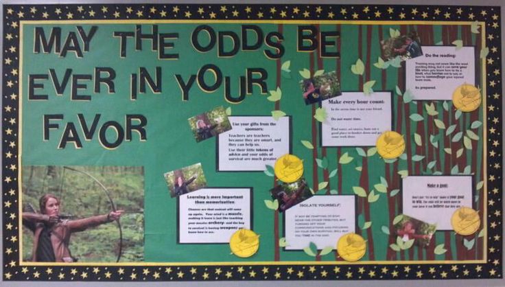 a bulletin board with words and pictures on it that say, may the odds be ever in your favors