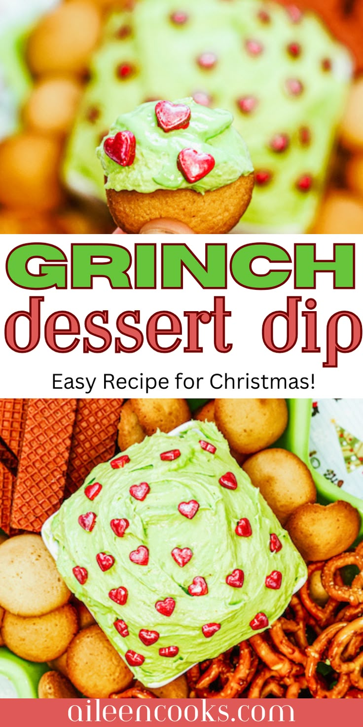 the recipe for grin's dessert dip is shown with cookies, pretzels and cupcakes